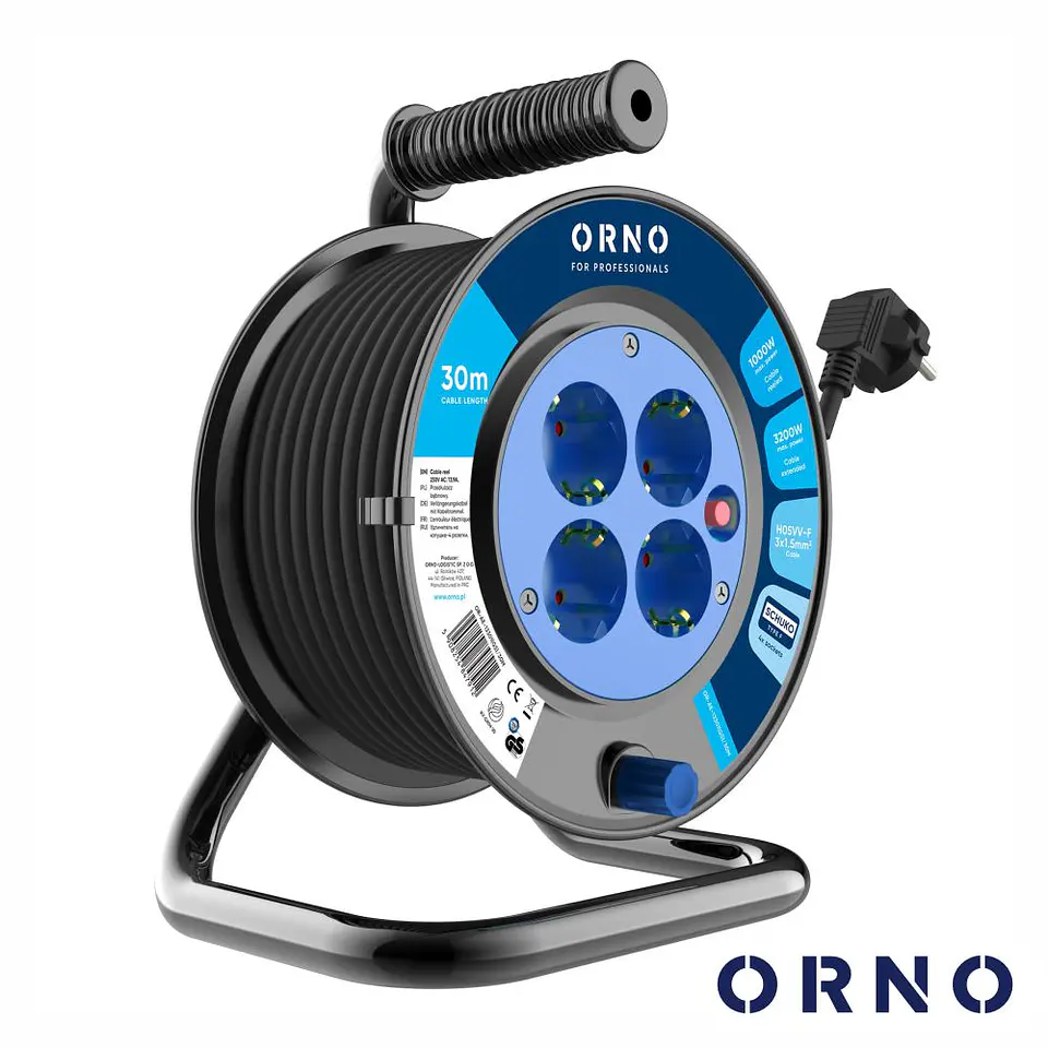 Extensão Elétrica C/ Enrolador 4x Schuko 30m H05VV-F ORNO 1