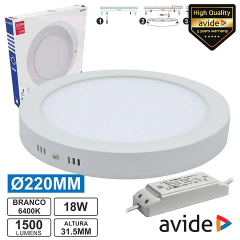 PAINEL LEDS REDONDO SUPERFÍCIE 18W 220MM 6400K 1500LM AVIDE