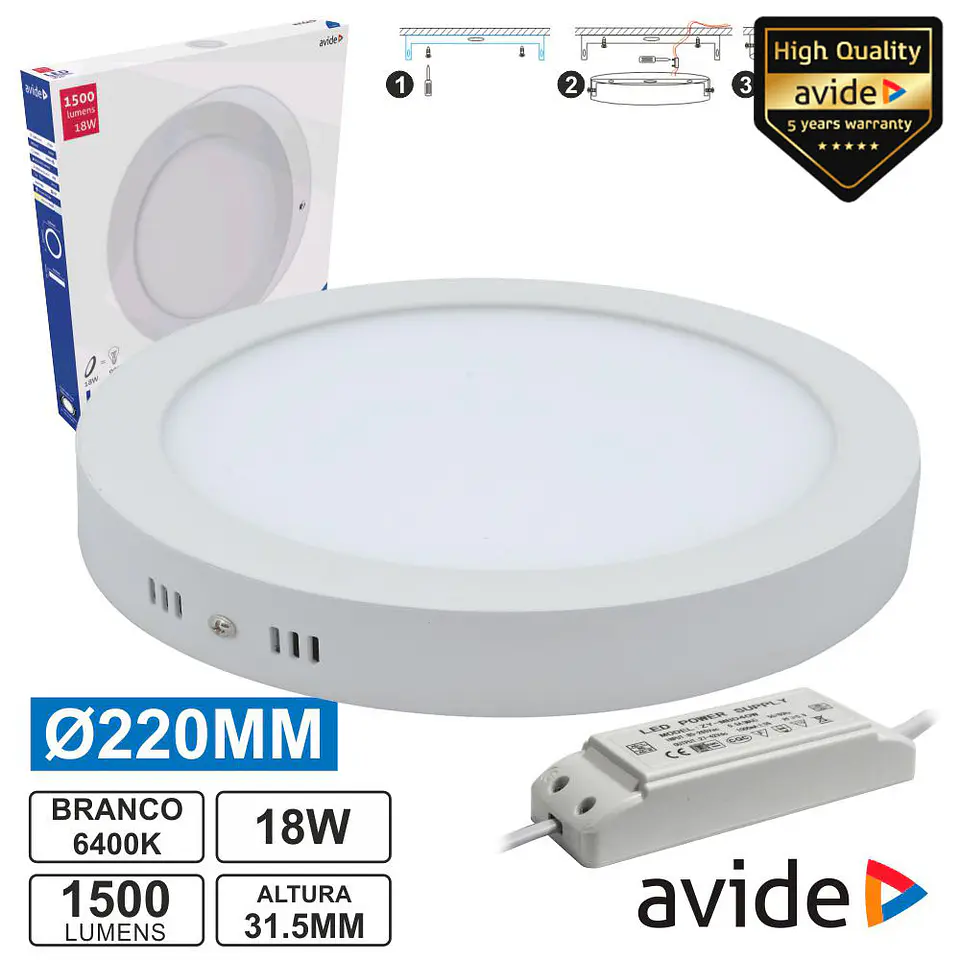 PAINEL LEDS REDONDO SUPERFÍCIE 18W 220MM 6400K 1500LM AVIDE 1