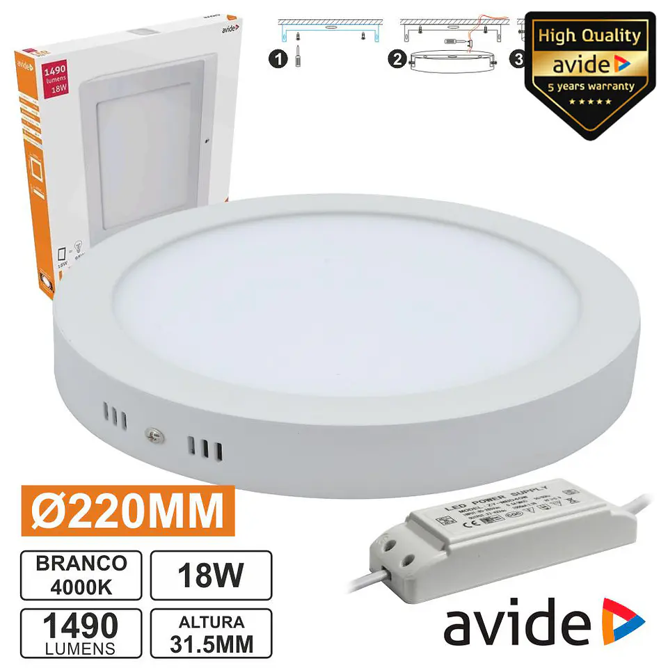PAINEL LEDS REDONDO SUPERFÍCIE 18W 220MM 4000K 1490LM AVIDE 1