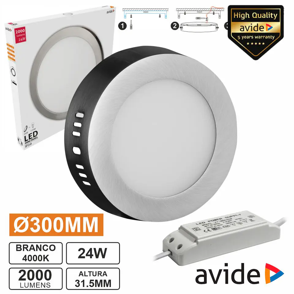 Painel LEDS Redondo Superfície 24W 300mm 4000K 2000lm AVIDE 1