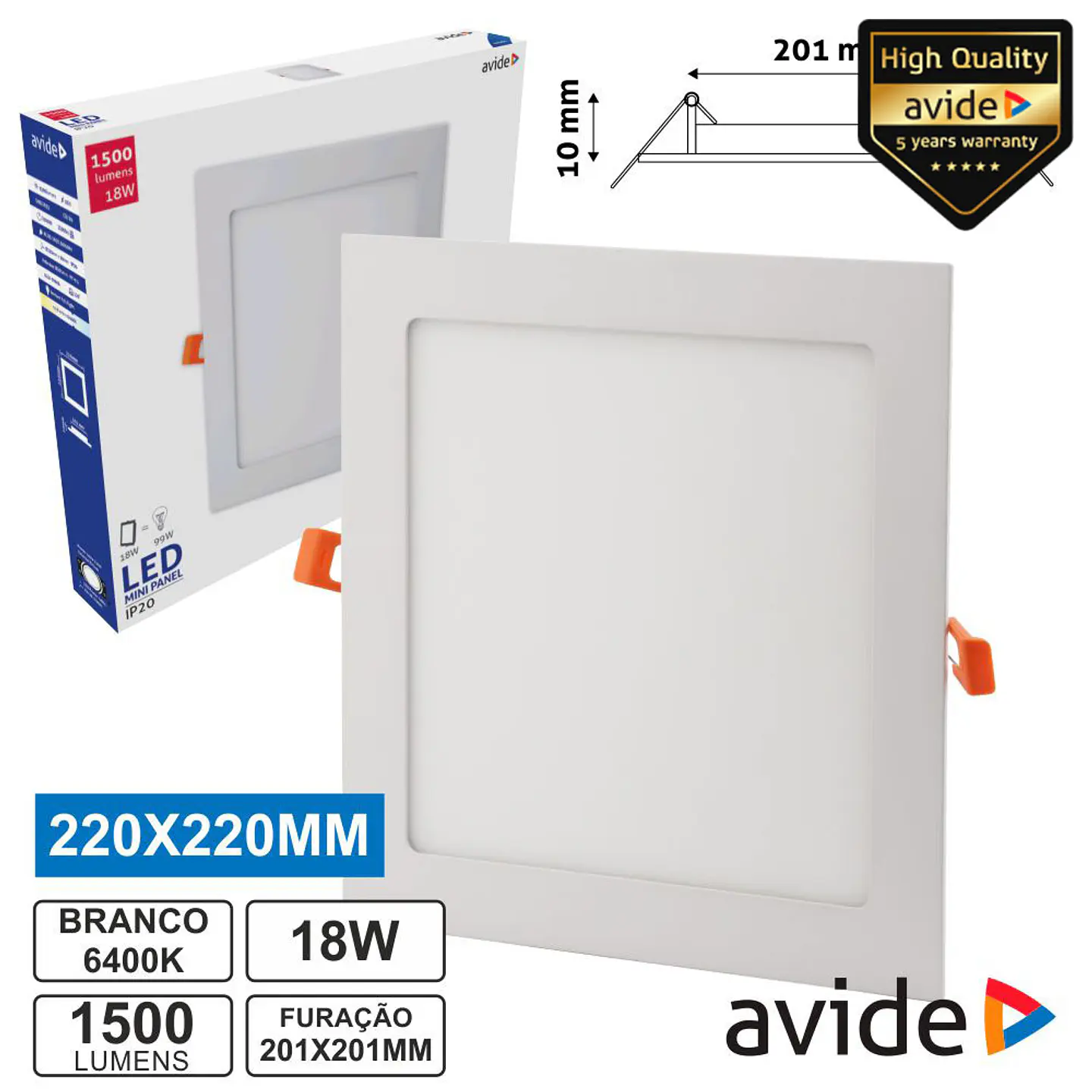 PAINEL LEDS QUADRADO 18W 220MM 6400K 1500LM AVIDE 1