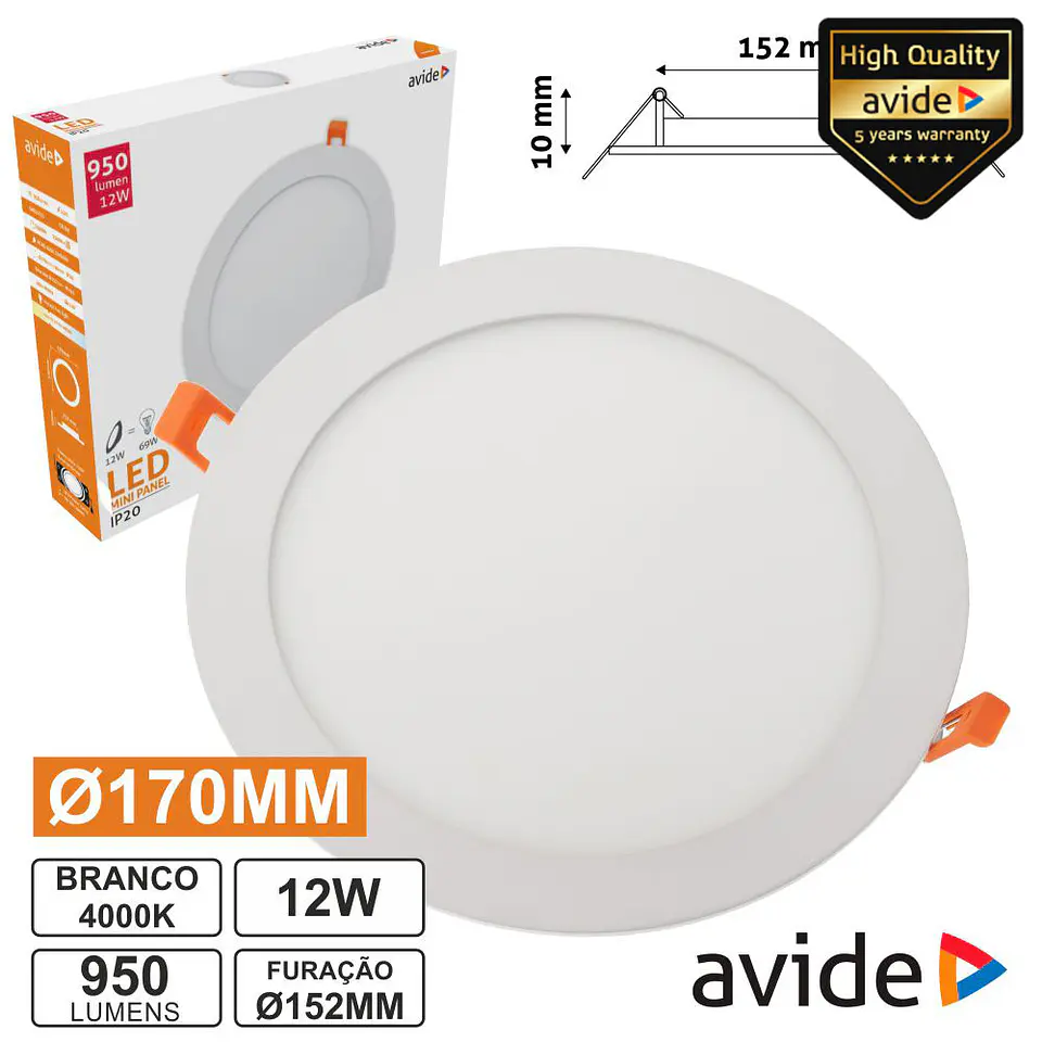 PAINEL LEDS REDONDO 12W 170MM 4000K 950LM AVIDE 1