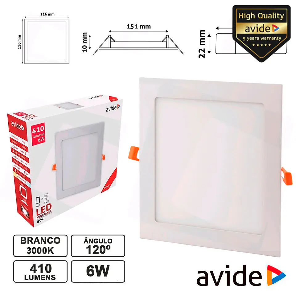 PAINEL LEDS QUADRADO 6W 116MM 3000K 410LM AVIDE 1