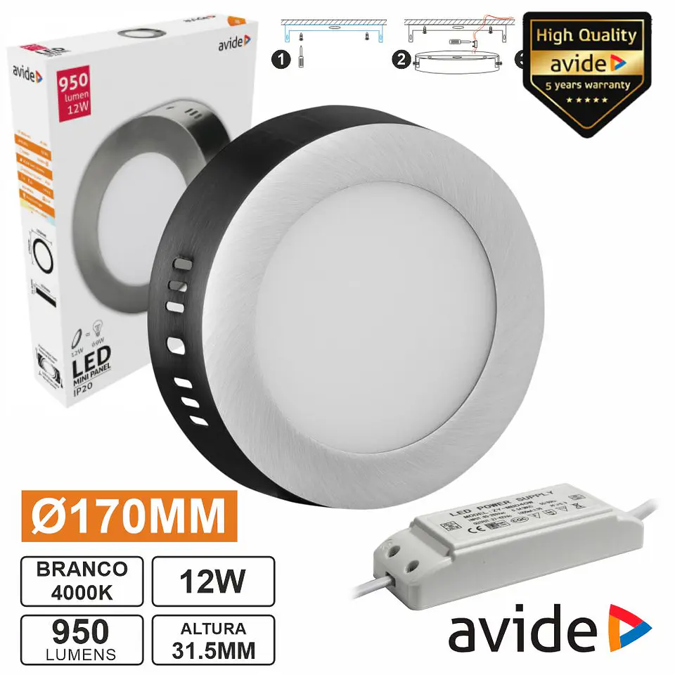 Painel LEDS Redondo Superfície 12W 170mm 4000K 950lm AVIDE 1