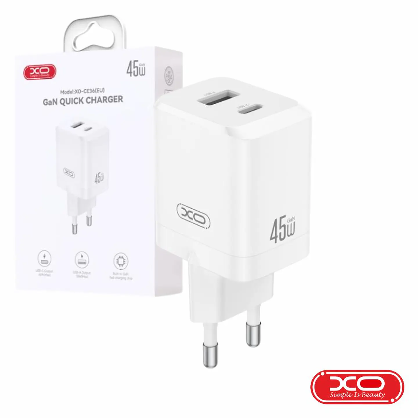 Alimentador 1x USB-A / 1x USB-C 45W GaN Branco XO 1