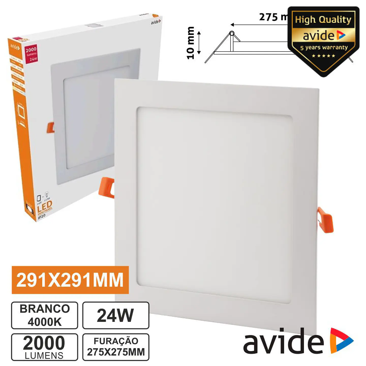 PAINEL LEDS QUADRADO 24W 291MM 4000K 2000LM AVIDE 1