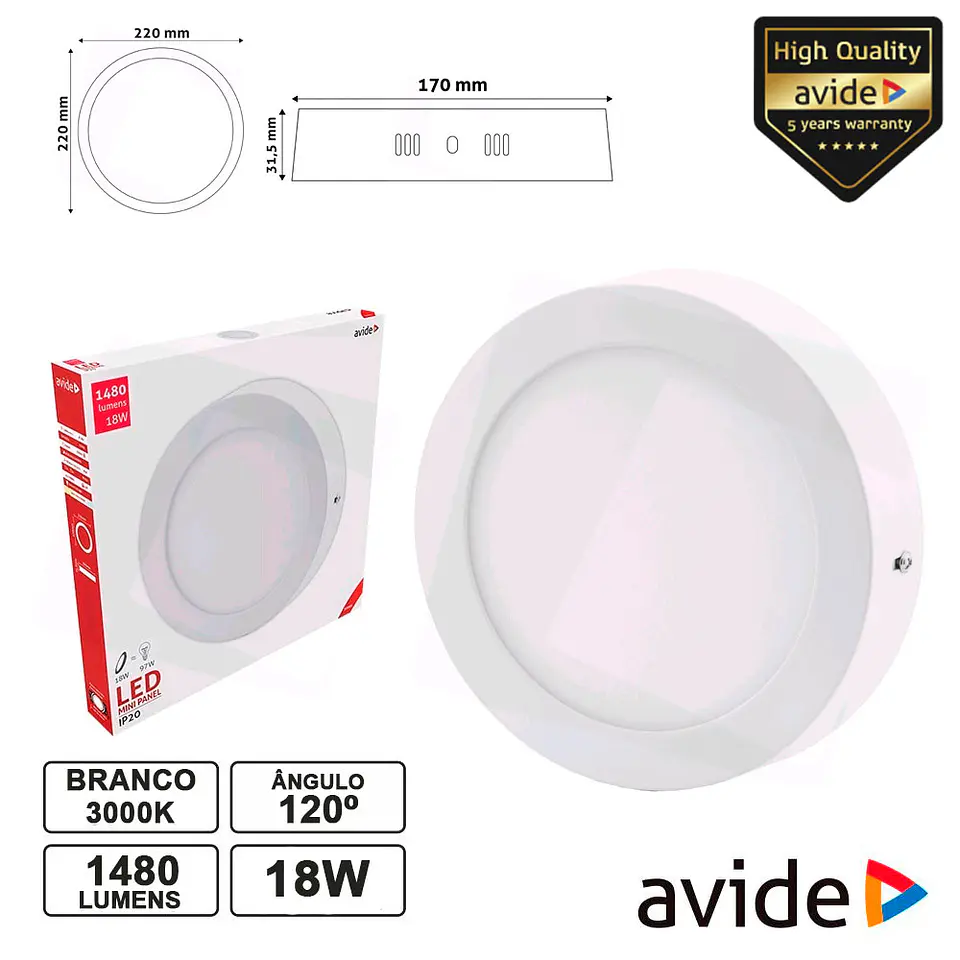 PAINEL LEDS REDONDO SUPERFÍCIE 18W 220MM 3000K 1480LM AVIDE 1