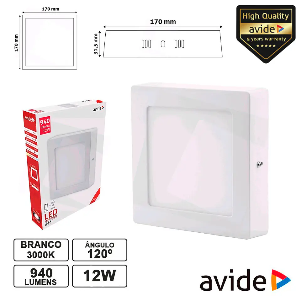 PAINEL LEDS QUADRADO SUPERFÍCIE 12W 170MM 3000K 940LM AVIDE 1