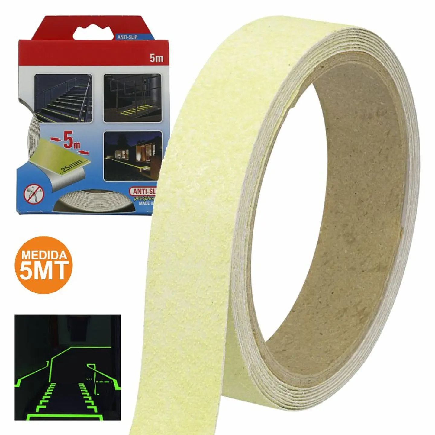 FITA ADESIVA ANTIDERRAPANTE 25MM FOSFORESCENTE 5M 1