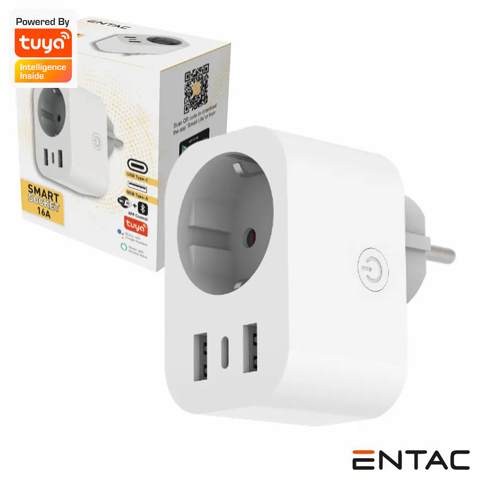 Ficha Elétrica 1x Schuko 2x USB-A 1x USB-C Inteligente WiFi 1