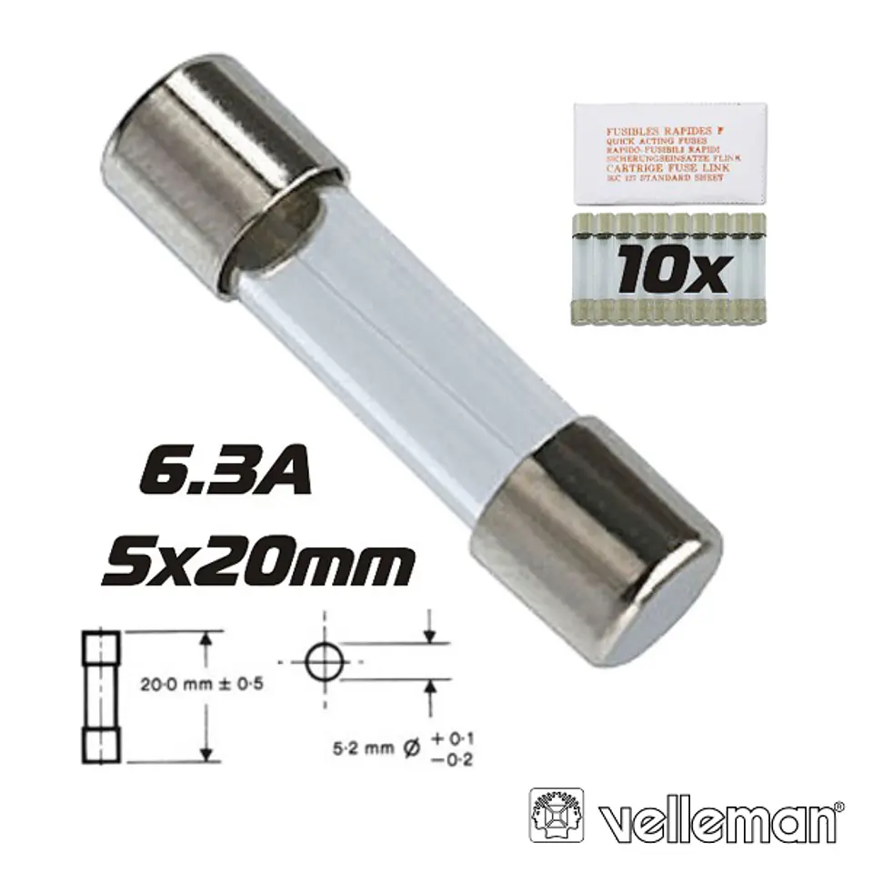 FUSÍVEL 5X20 FUSÃO LENTA 6.3A (10X) VELLEMAN 1