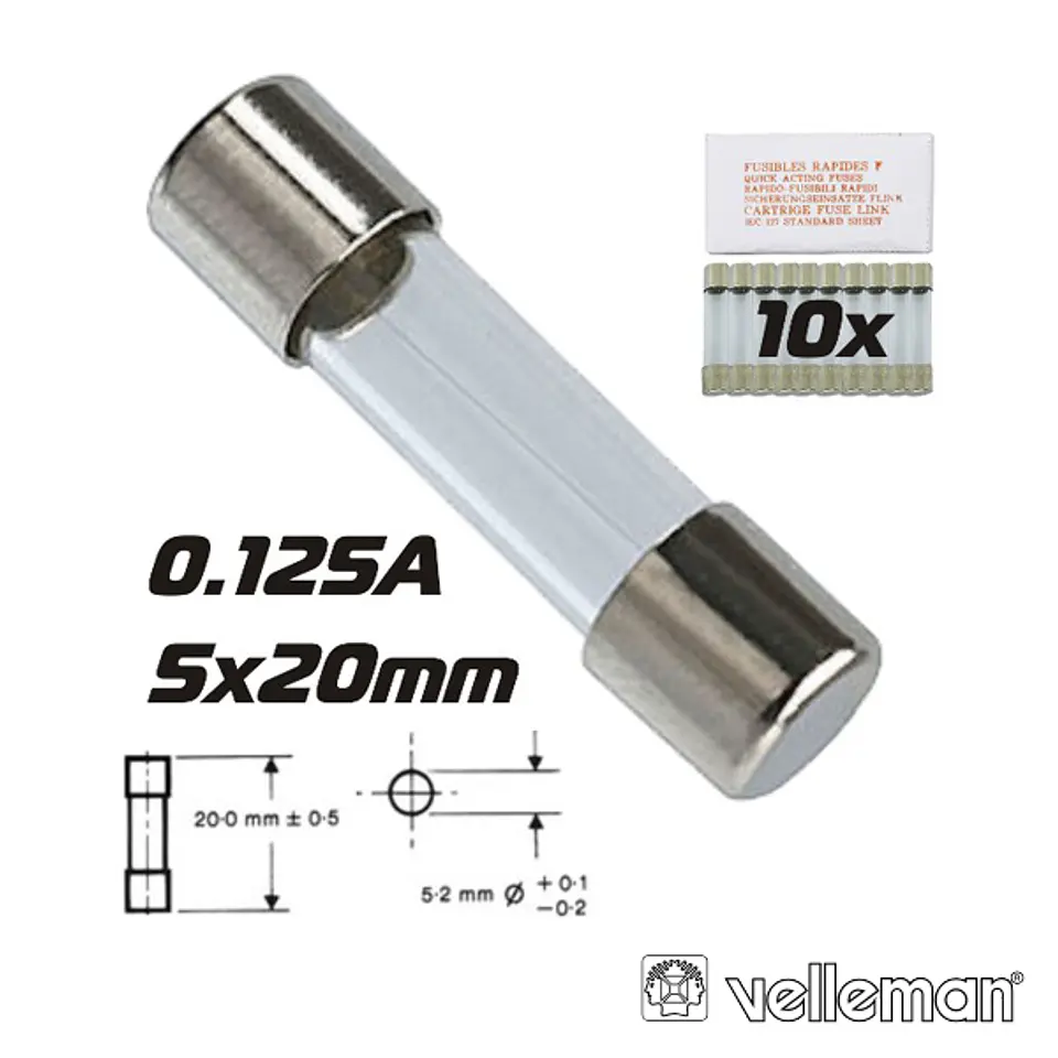 FUSÍVEL 5X20 FUSÃO RÁPIDA 0.125A (10X) VELLEMAN 1