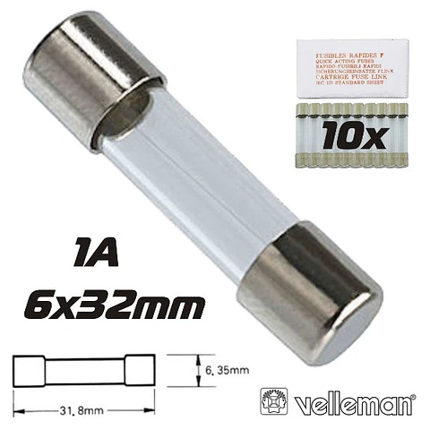 FUSÍVEL 6X32 FUSÃO LENTA 1A (10X) VELLEMAN