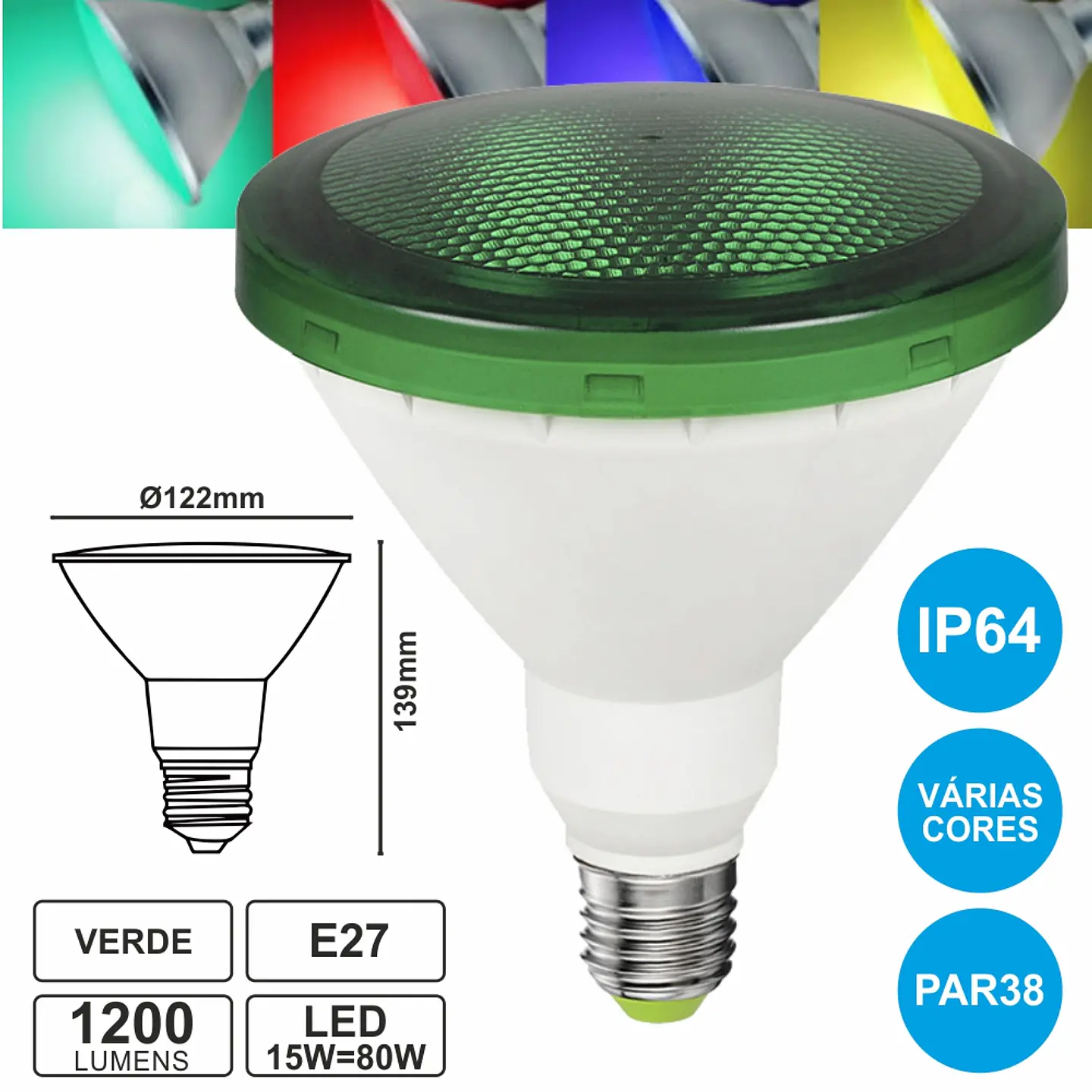 LÂMPADA E27 15W=80W 230V LED PAR38 VERDE IP64 1200LM 1