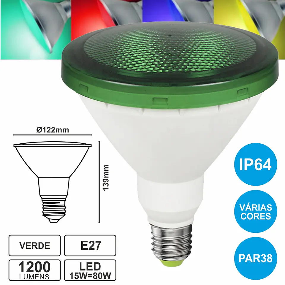 LÂMPADA E27 15W=80W 230V LED PAR38 VERDE IP64 1200LM 1