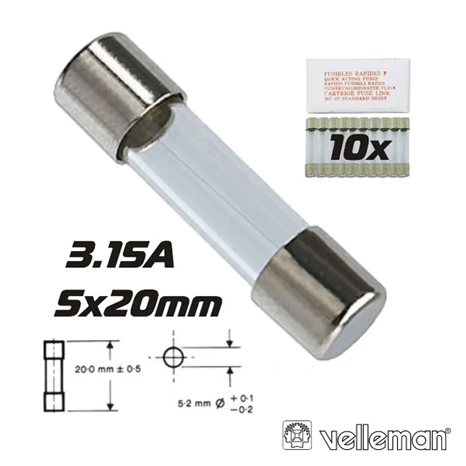 FUSÍVEL 5X20 FUSÃO LENTA 3.15A (10X) VELLEMAN 1