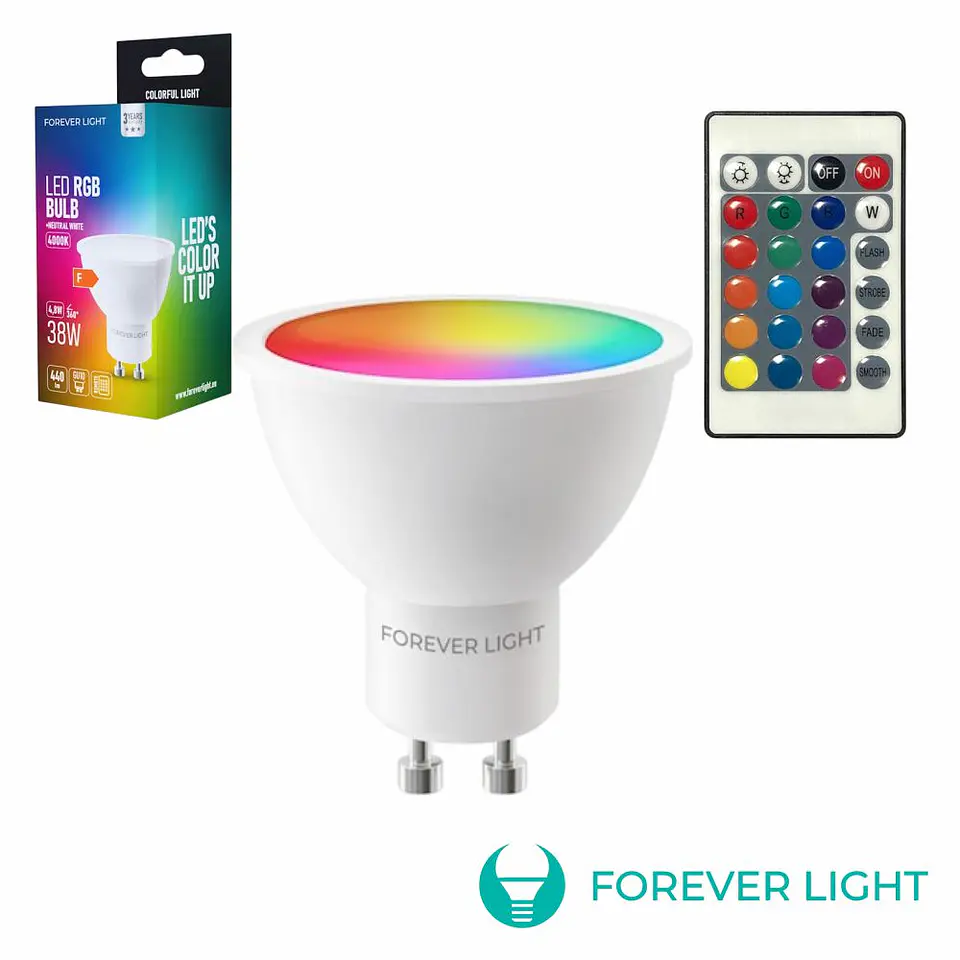 Lâmpada GU10 LED 4,8W RGB 4000K 400lm C/Comando FOREVER 1