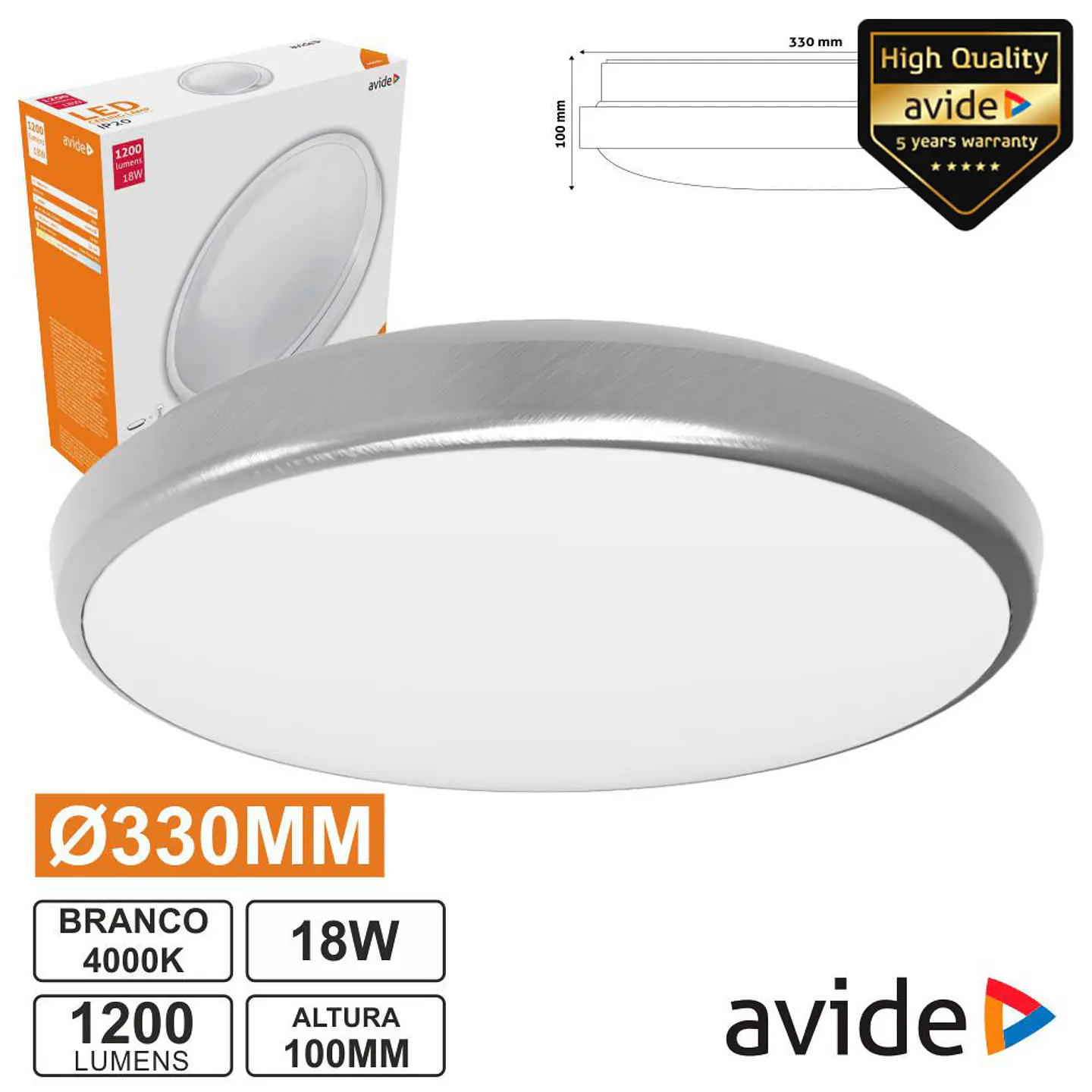 PAINEL LED REDONDO APLIQUE 18W 330MM 4000K 1600LM AVIDE 1