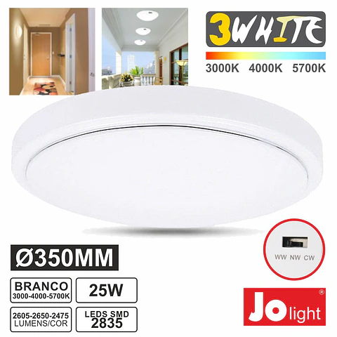 PAINEL LED REDONDO APLIQUE 25W TRIWHITE BRANCO SELECIONAVEL