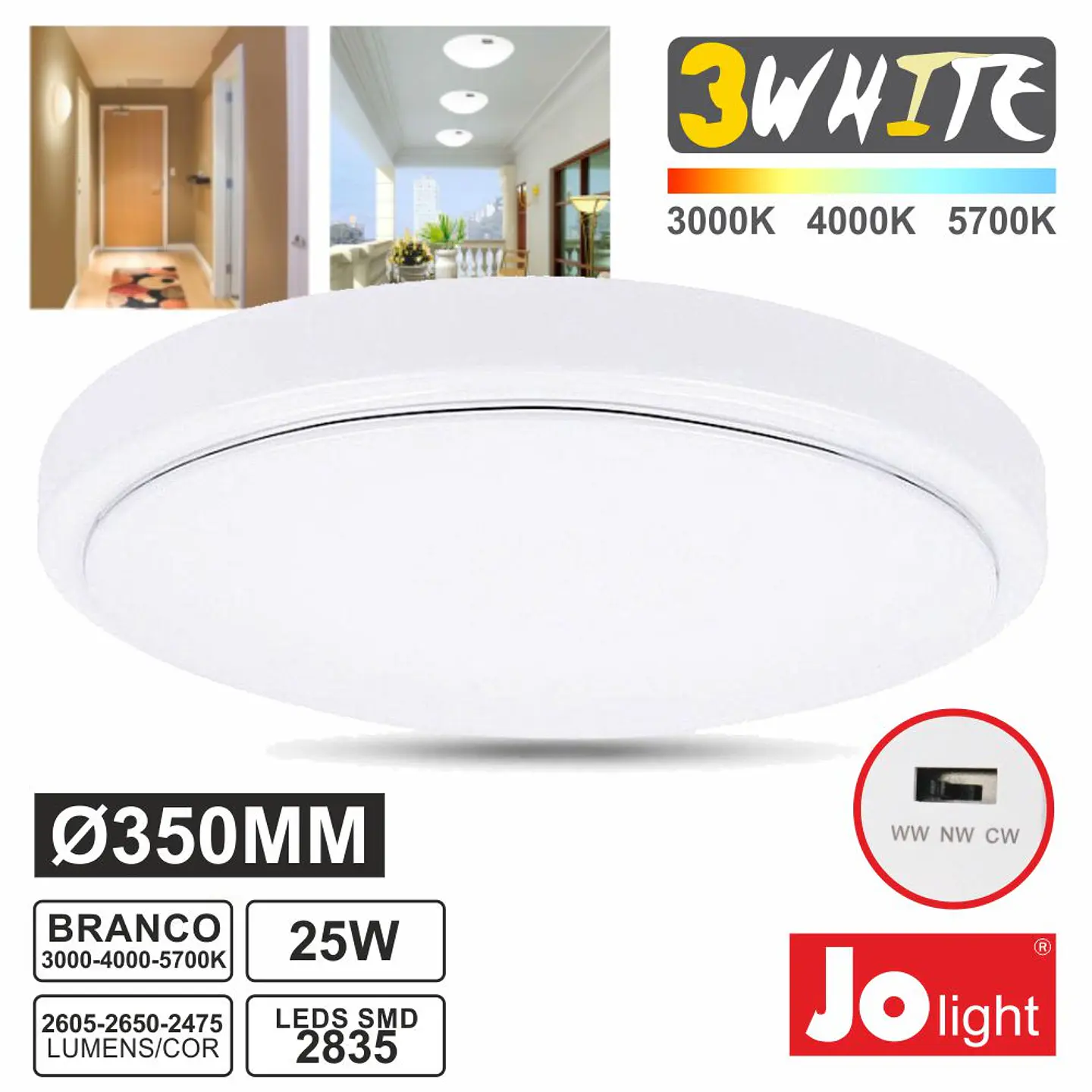 PAINEL LED REDONDO APLIQUE 25W TRIWHITE BRANCO SELECIONAVEL 1