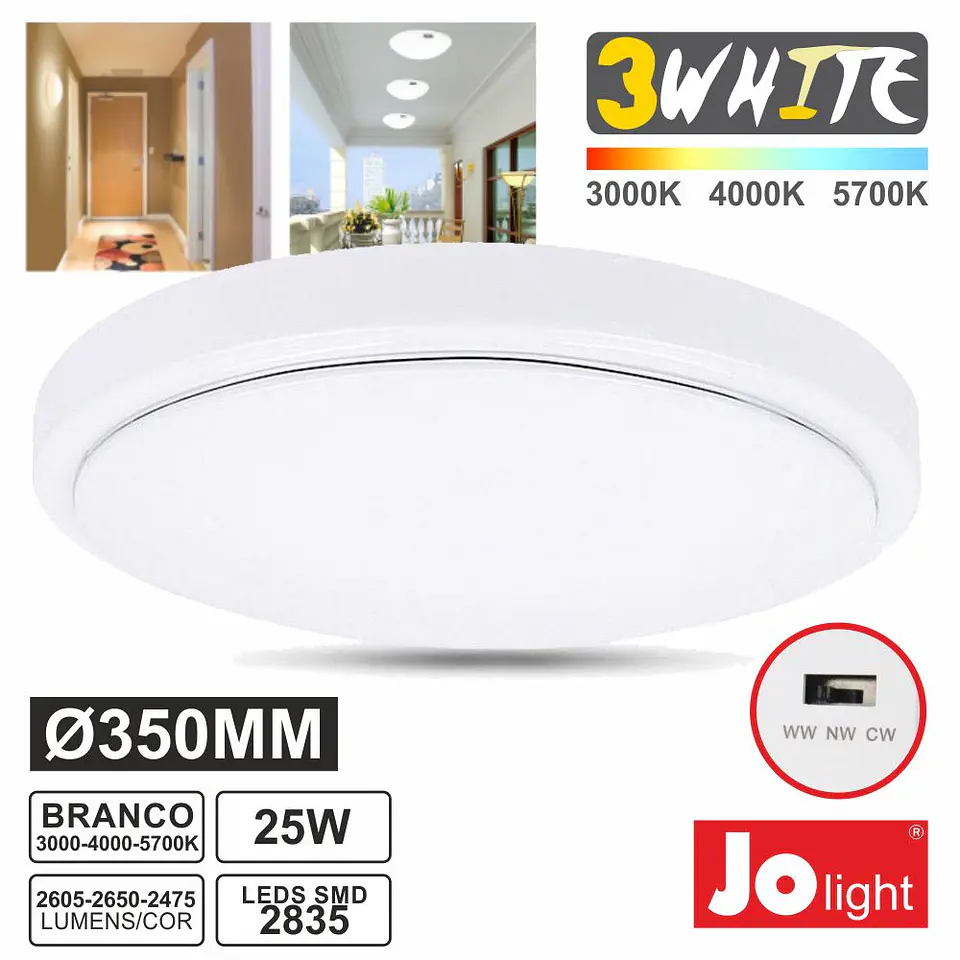 PAINEL LED REDONDO APLIQUE 25W TRIWHITE BRANCO SELECIONAVEL 1