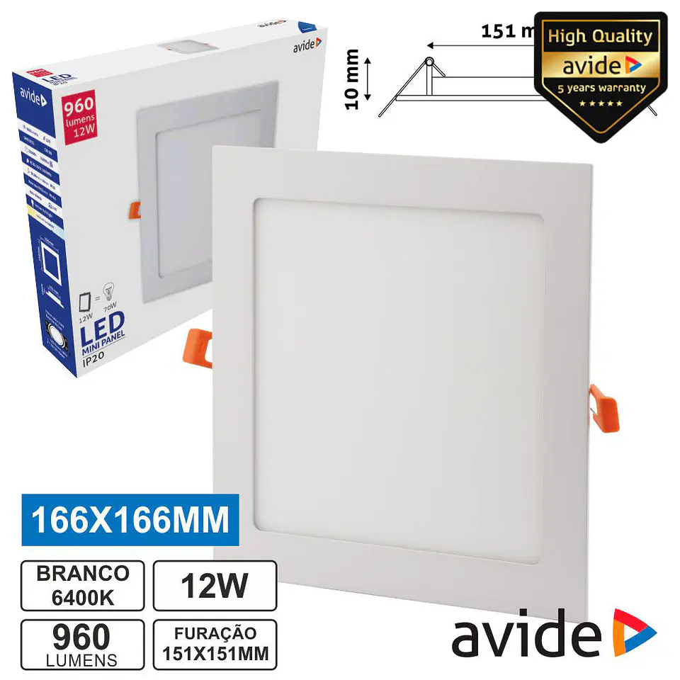 PAINEL LEDS QUADRADO 12W 166MM 6400K 960LM AVIDE 1
