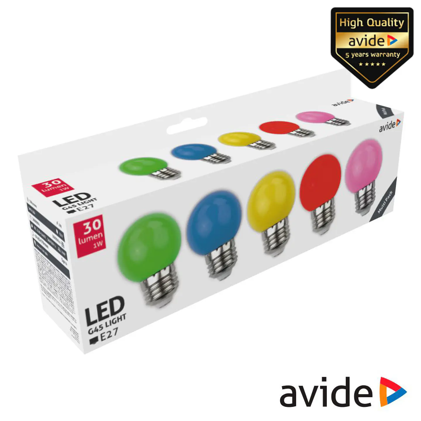 Conjunto 5 Lâmpadas E27 1W LED Globo G45 Cores 30lm AVIDE 1