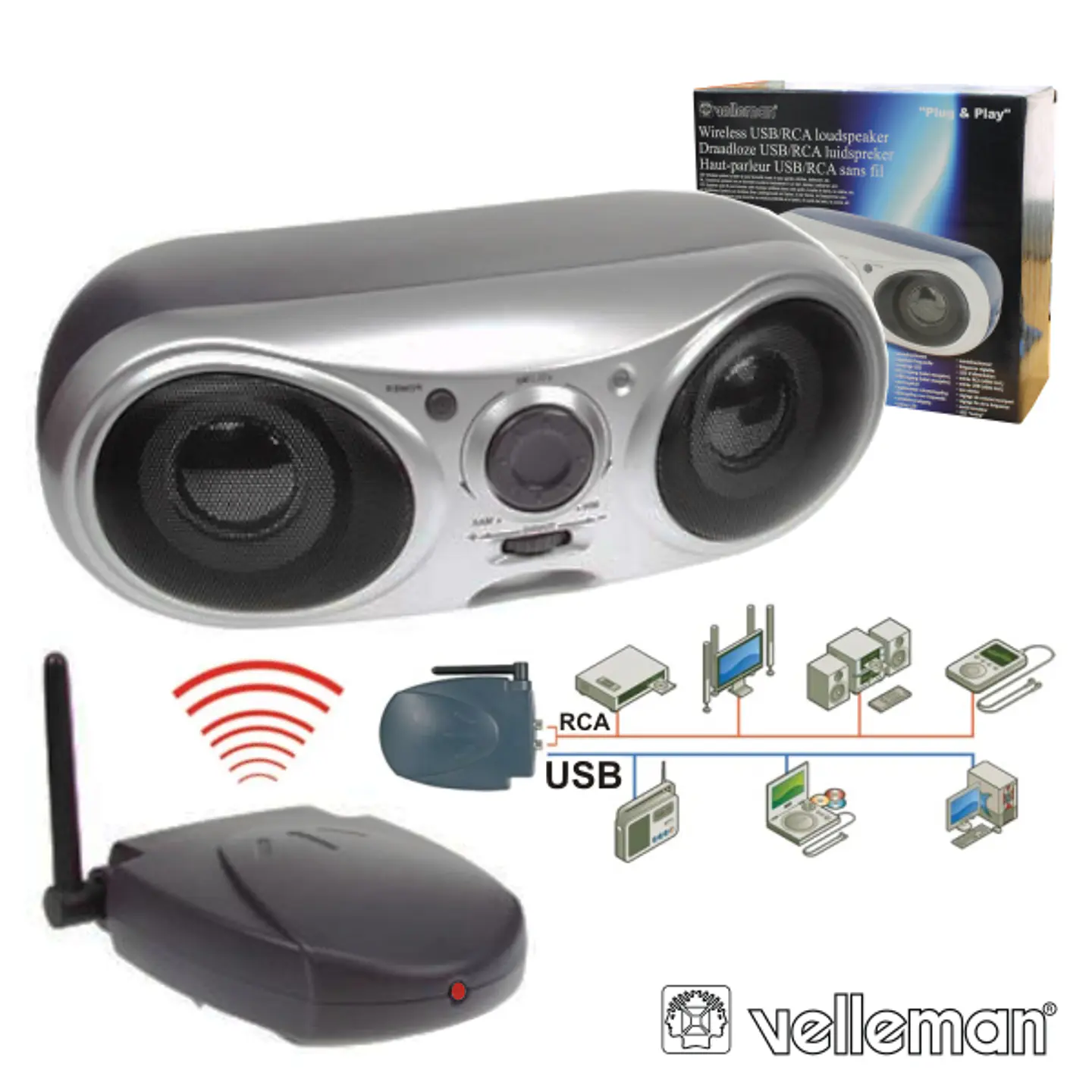 COLUNA S/FIOS P/ PC E MP3 USB/RCA 2X2Wmáx VELLEMAN 1