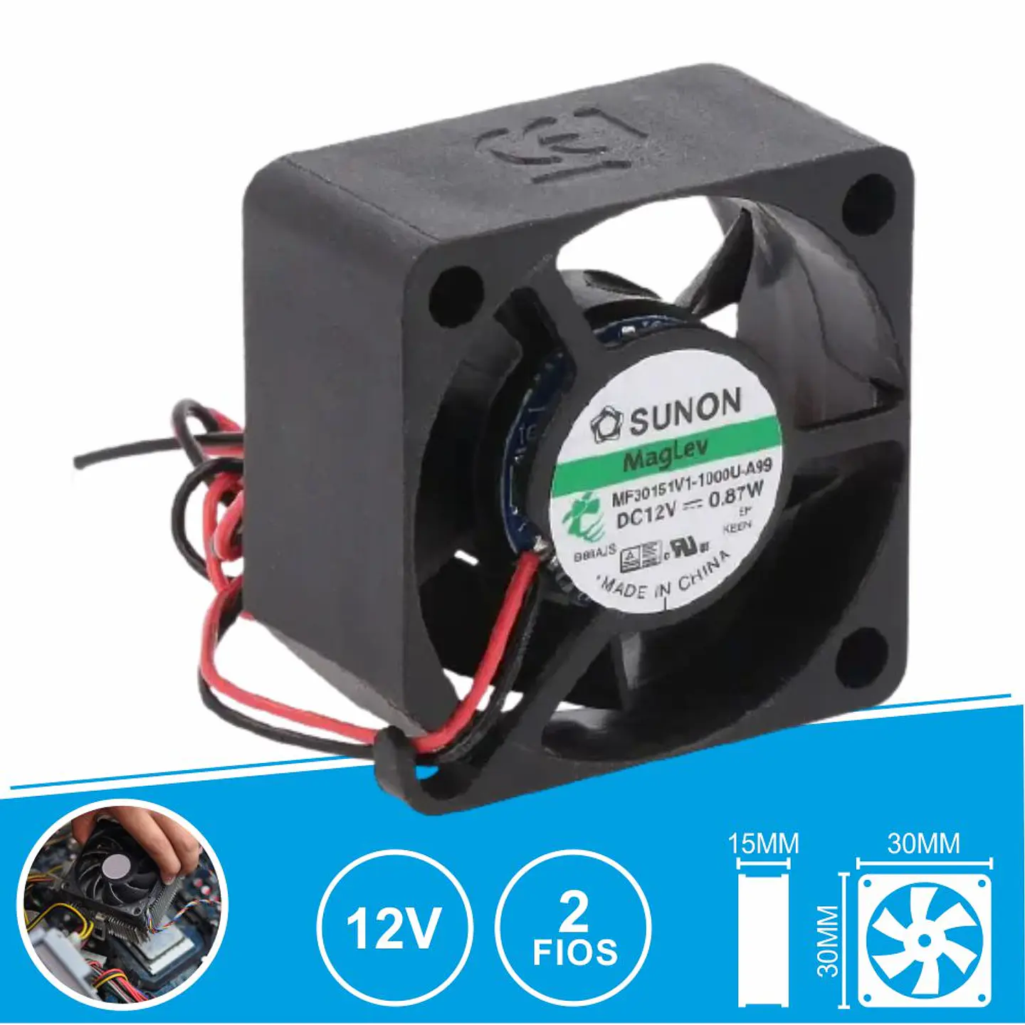 Ventoinha 12VDC 30x30x15mm 2 Fios MF30151V1-1000U-A99 SUNON 1