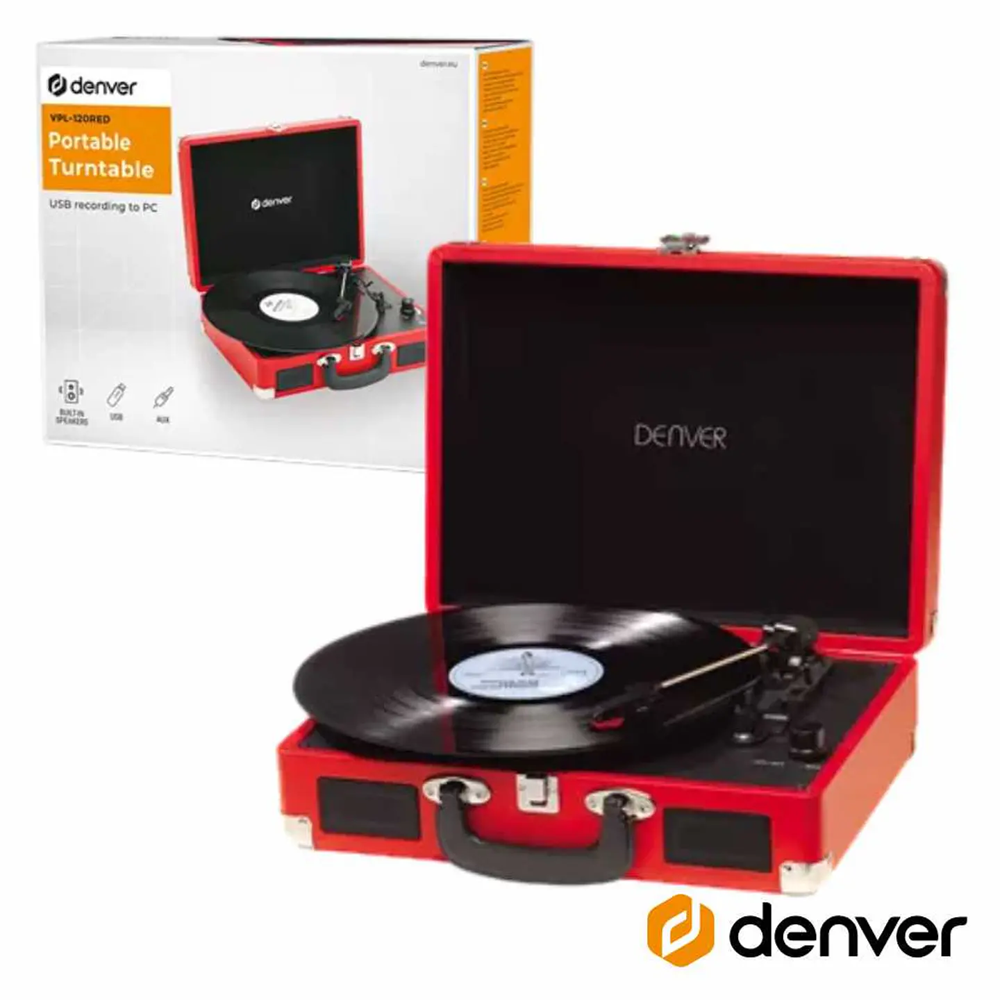 GIRA-DISCOS 33/45/78RPM VINTAGE 2x1W VERMELHO DENVER 1