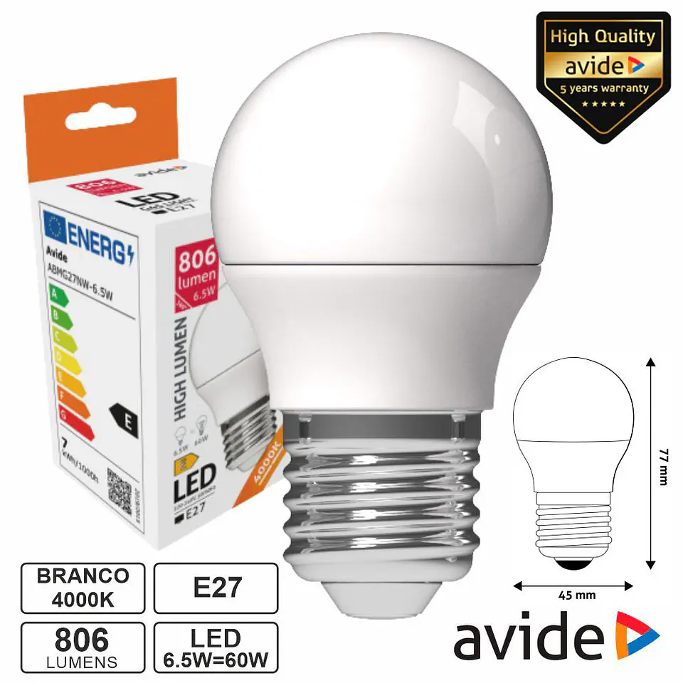 Lâmpada LED E27 Globo G45 6.5W 230V 4000K 806lm AVIDE 1