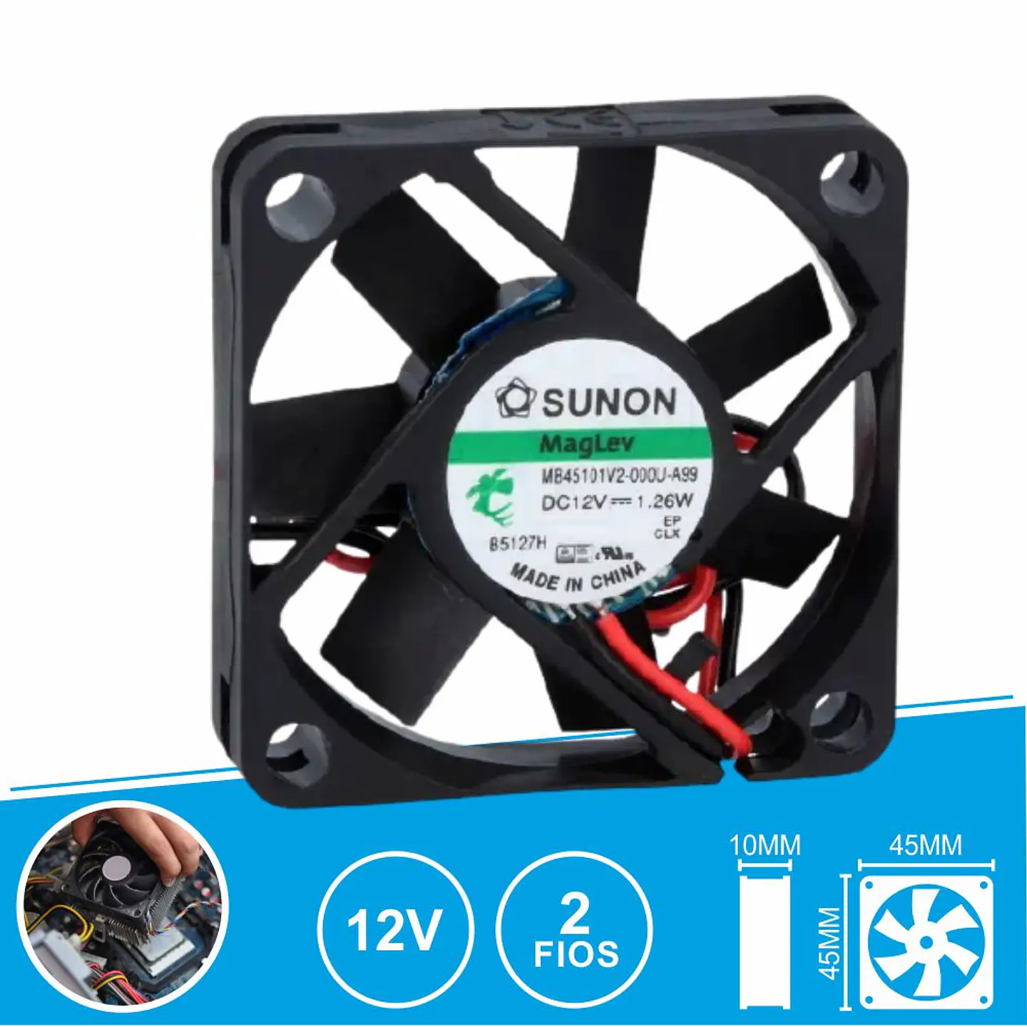 Ventoinha 12VDC 45x45x10mm 2 Fios MB45101V2-000U-A99 SUNON 1