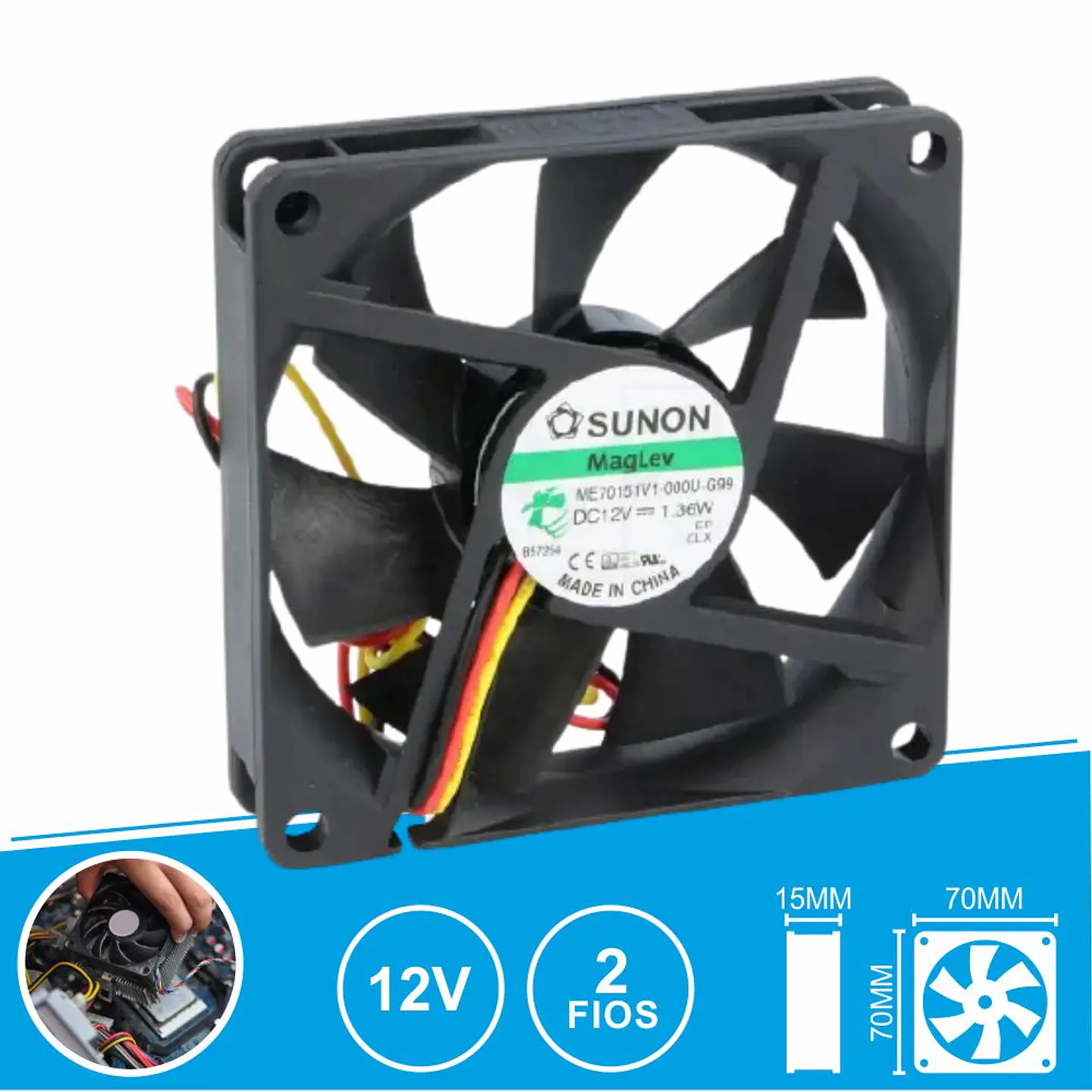 Ventoinha 12VDC 70x70x15mm 3 Fios ME70151V1-000U-G99 SUNON 1