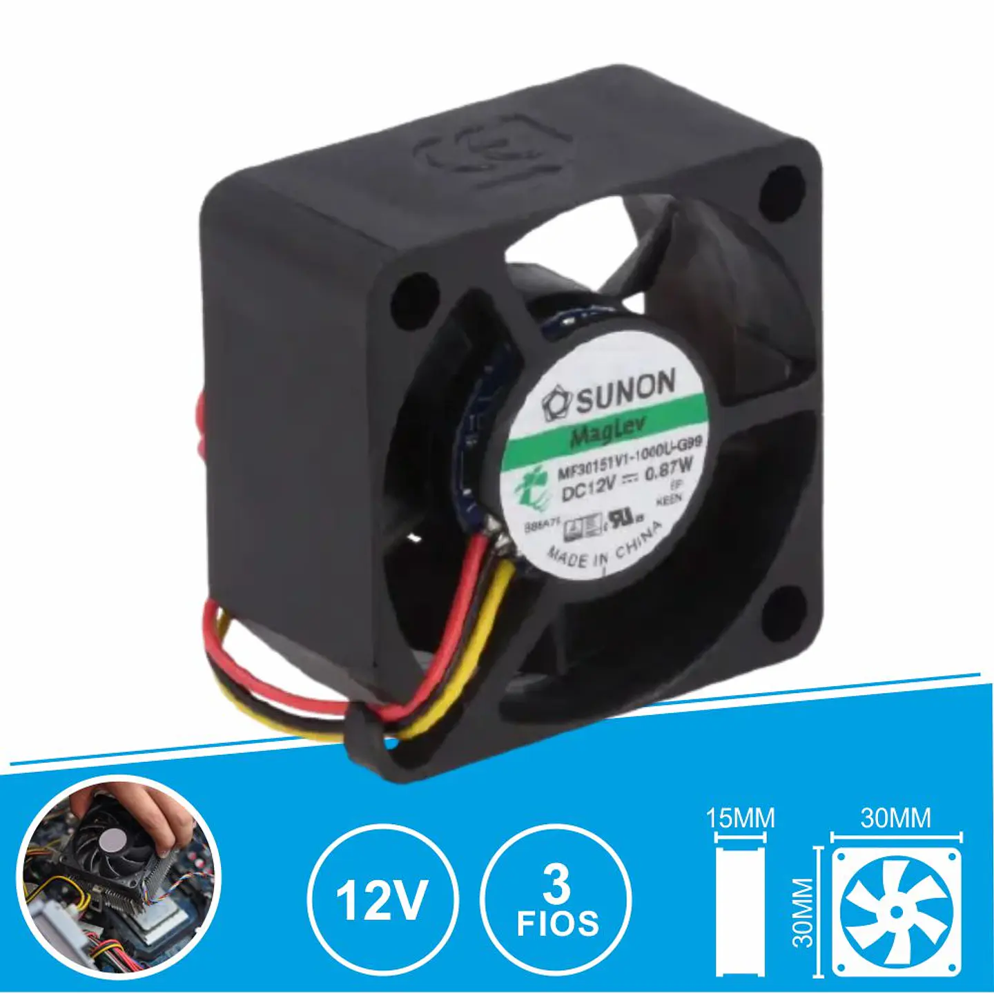 Ventoinha 12VDC 30x30x15mm 3 Fios MF30151V1-1000U-G99 SUNON 1