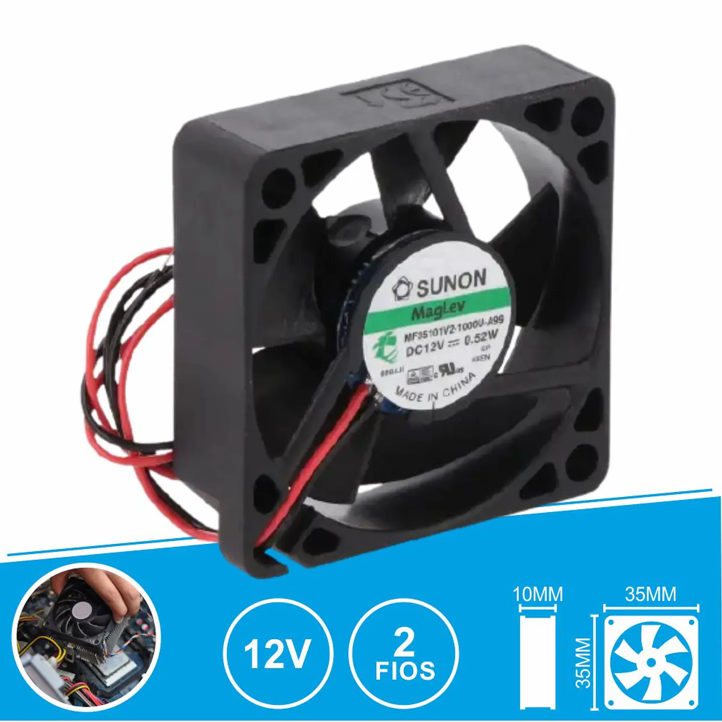 Ventoinha 12VDC 35x35x10mm 2 Fios MF35101V2-1000U-A99 SUNON 1