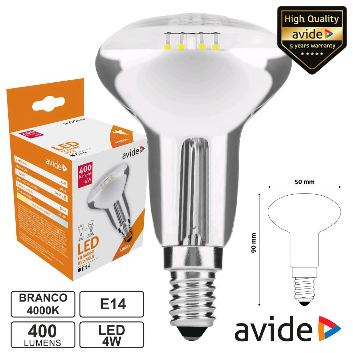 LÂMPADA LED E14 R50 FILAMENTO 4W 230V 4000K 400LM AVIDE 1