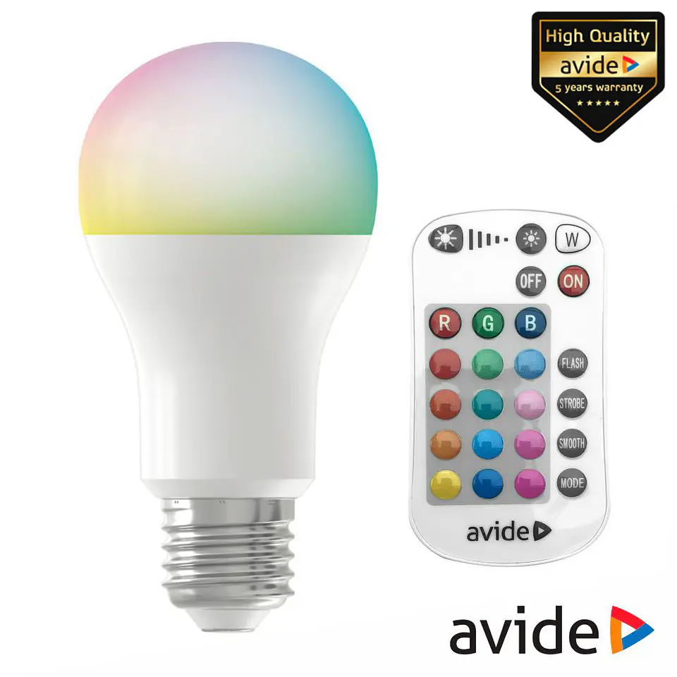 Lâmpada E27 Dimável 9.7W LED Globo A60 RGBW IR 806lm AVIDE 1