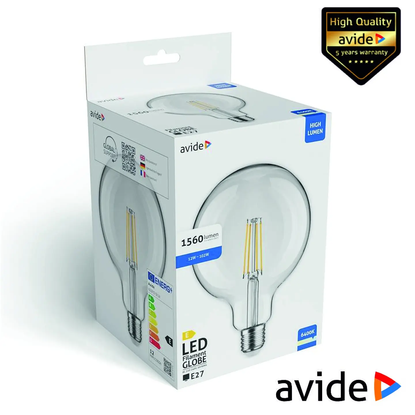 Lâmpada LED E27 Globo Filamento 12W 240V 6400K 1560lm AVIDE 1