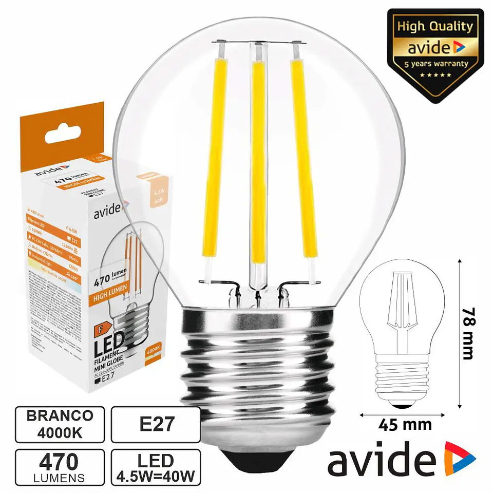 Lâmpada LED E27 Globo Filamento 4.5W 230V 4000K 470lm AVIDE 1