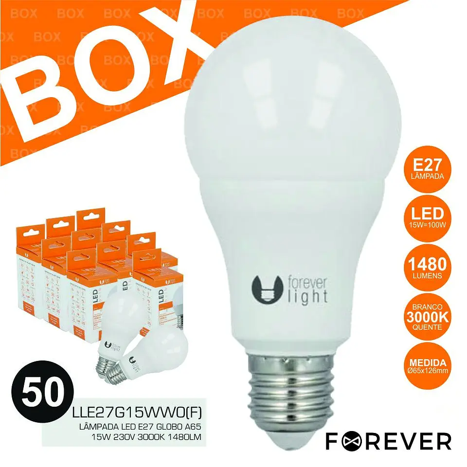 BOX 50 LÂMPADAS LED E27 GLOBO A65 15W 230V 3000K 1480LM 1