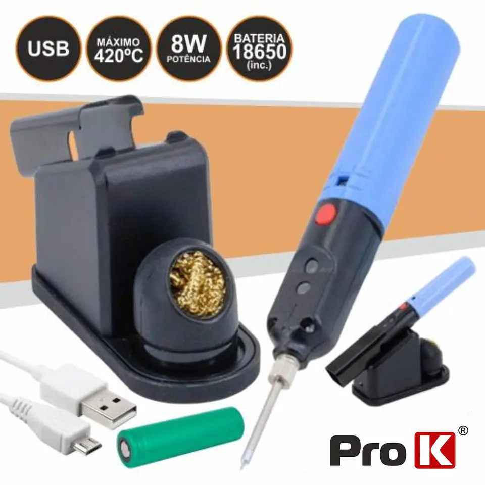 FERRO DE SOLDAR 8W C/ BATERIA CARREGADOR E SUPORTE PROK 1