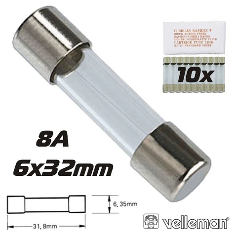 FUSÍVEL 6X32 FUSÃO RÁPIDA 8A (10X) VELLEMAN