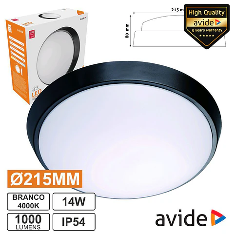 PAINEL LED REDONDO APLIQUE 14W 215MM 4000K 1000LM IP54 AVIDE