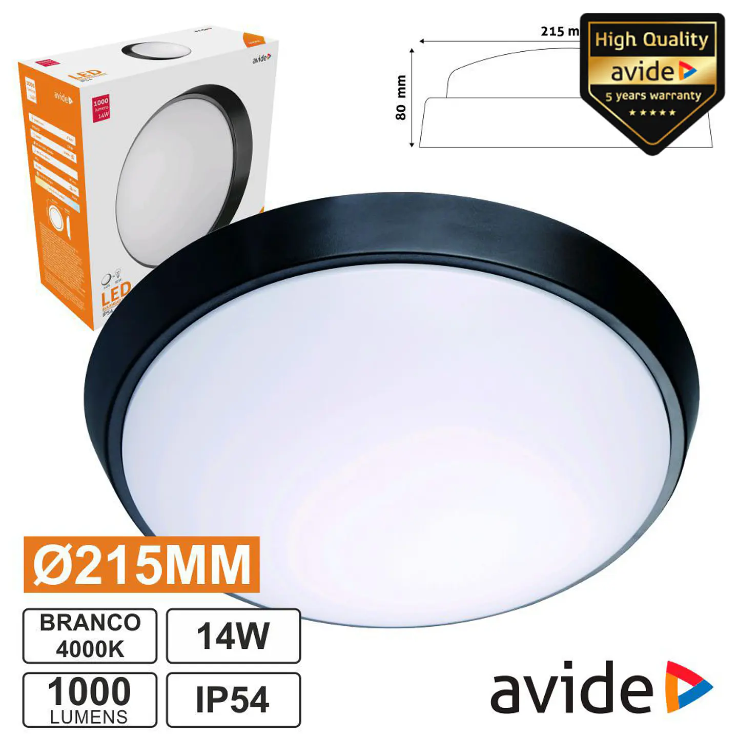 PAINEL LED REDONDO APLIQUE 14W 215MM 4000K 1000LM IP54 AVIDE 1
