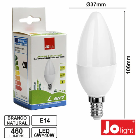 LÂMPADA E14 6W=40W 230V LED VELA BRANCO NATURAL JOLIGHT