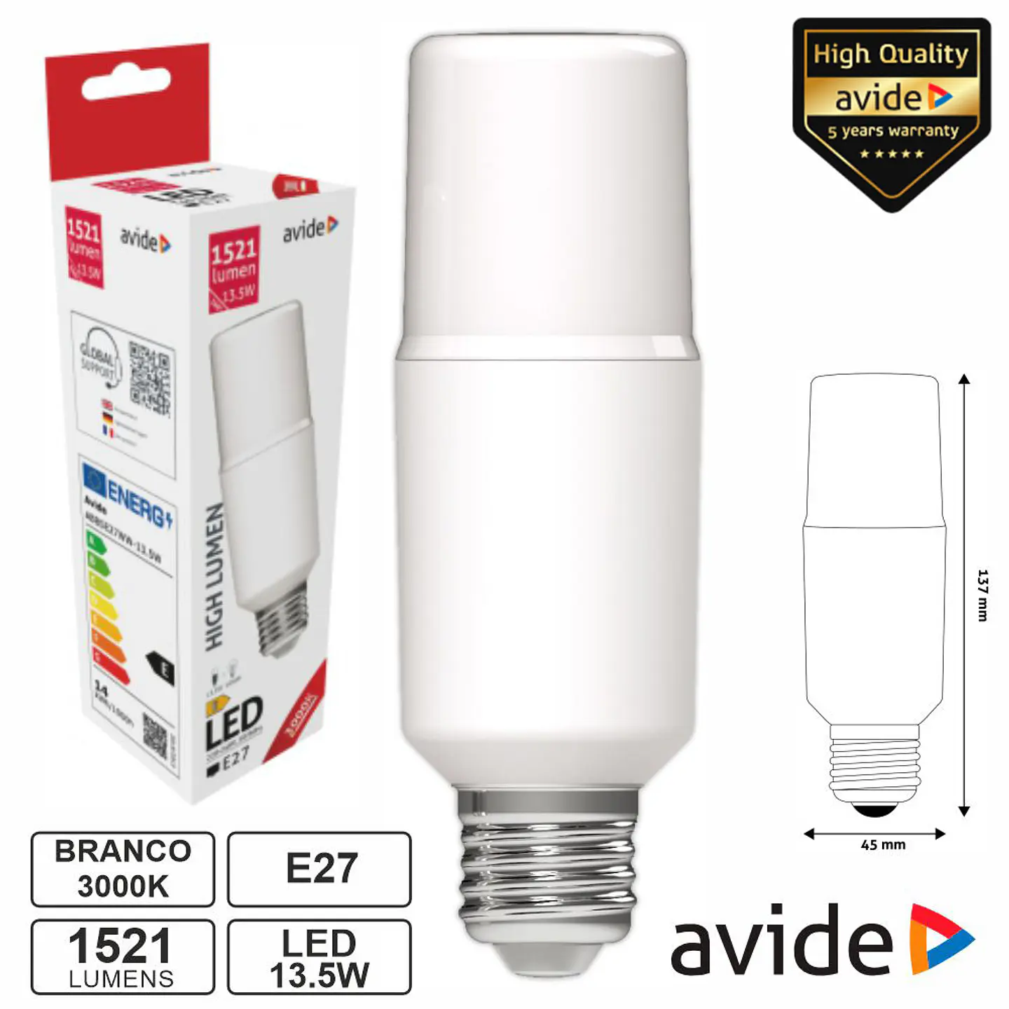Lâmpada LED E27 Stick T45 13.5W 230V 3000K 1521lm AVIDE 1