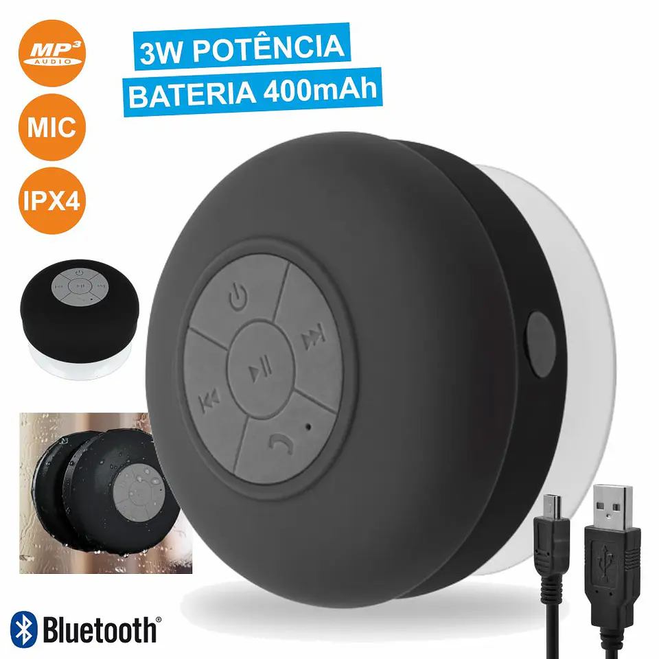 COLUNA BLUETOOTH PORTÁTIL C/ VENTOSA 3W PRETO IPX4 1