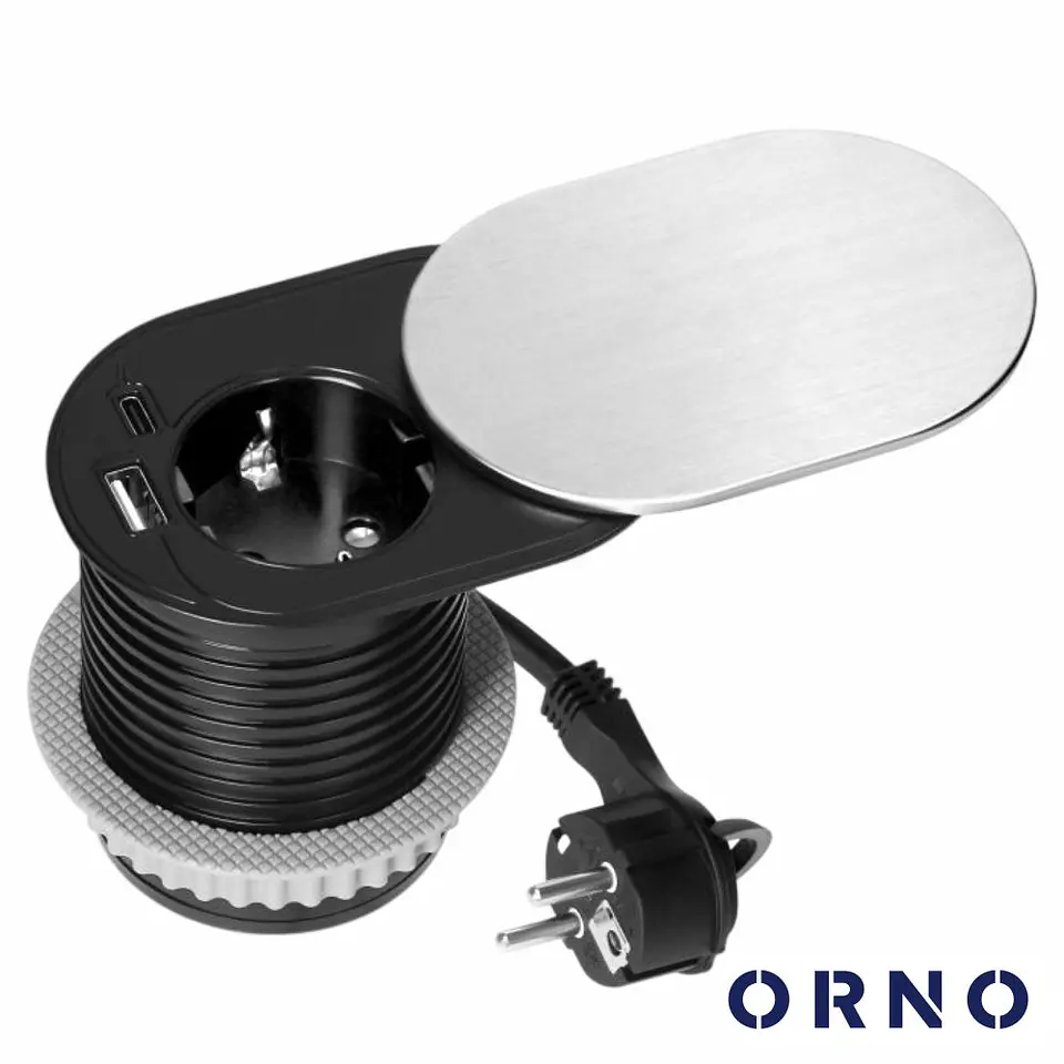 Tomada Elétrica Encastrar 1x Schuko 2x USB Prateado ORNO 1