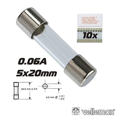 FUSÍVEL 5X20 FUSÃO RÁPIDA 0.06A (10) VELLEMAN